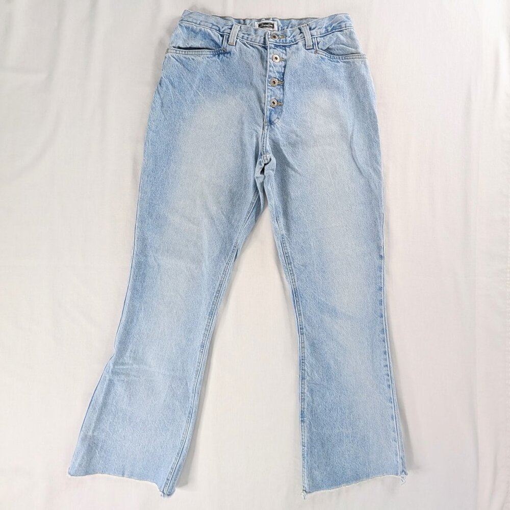 VTG Blue Light Wash Denim Exposed Button Fly Raw Hem Wide Leg Jeans Y2k